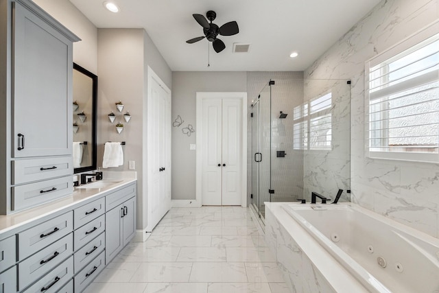 bathroom with visible vents, a jetted tub, a stall shower, marble finish floor, and vanity