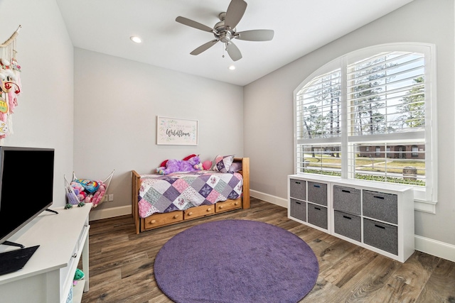 bedroom featuring recessed lighting, a ceiling fan, baseboards, and wood finished floors