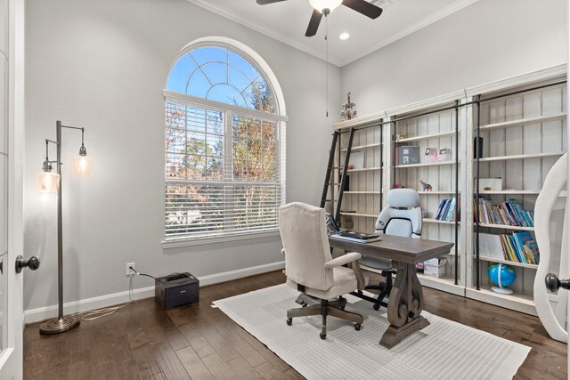 office featuring baseboards, plenty of natural light, ornamental molding, and wood finished floors