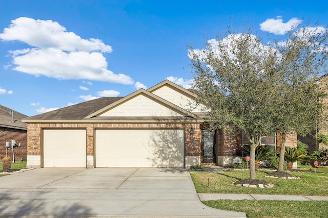 single story home with concrete driveway, brick siding, and an attached garage