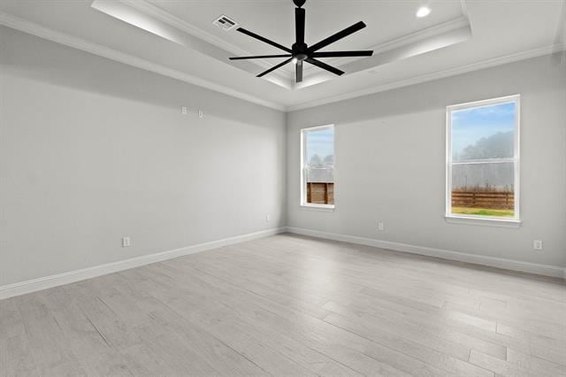 spare room featuring light wood-style floors, ornamental molding, a raised ceiling, and a wealth of natural light