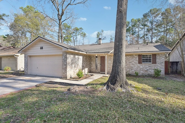 ranch-style home featuring a garage, concrete driveway, fence, a front lawn, and brick siding