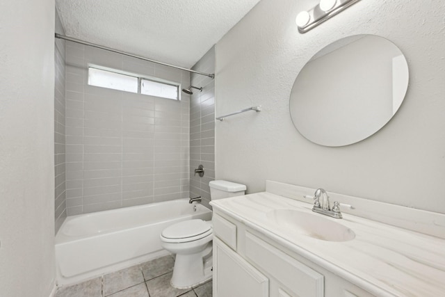 bathroom featuring toilet, shower / tub combination, tile patterned flooring, a textured ceiling, and vanity