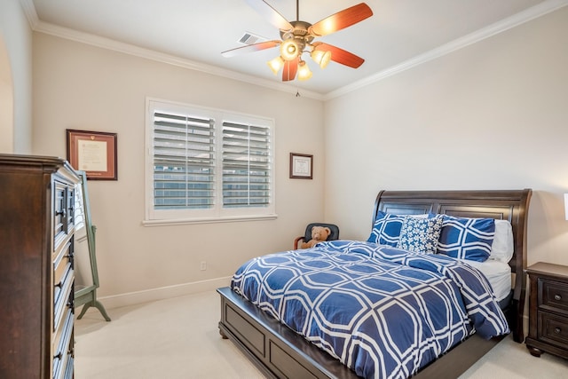 bedroom featuring crown molding, visible vents, and light colored carpet