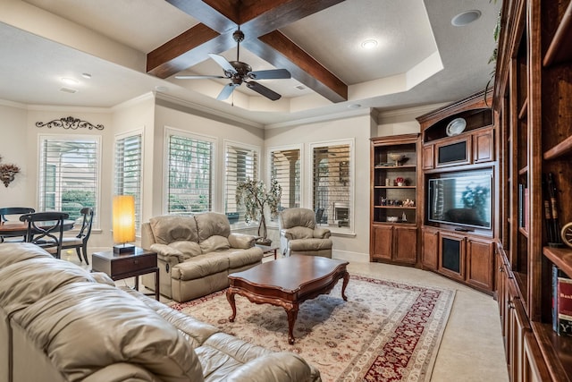 living room featuring ornamental molding, beam ceiling, coffered ceiling, and light tile patterned floors