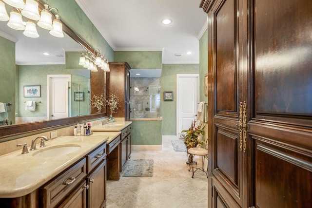 full bath featuring crown molding, a tile shower, a sink, and double vanity