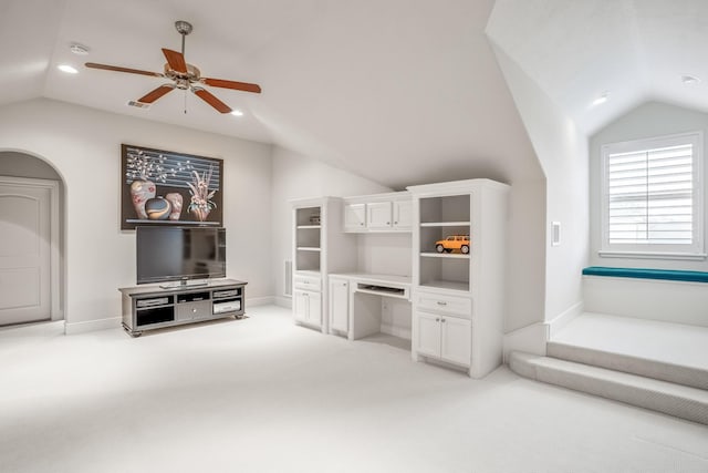 unfurnished living room featuring lofted ceiling, light carpet, visible vents, and recessed lighting