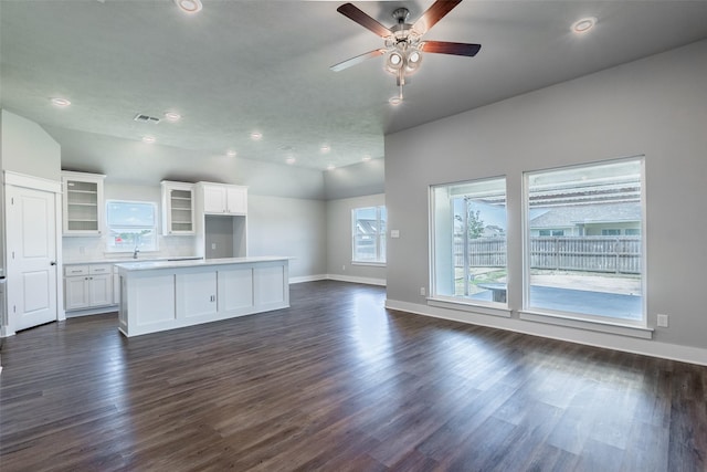 kitchen featuring glass insert cabinets, a center island, white cabinets, and dark wood-style floors