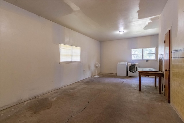 spare room with unfinished concrete floors and washer and clothes dryer