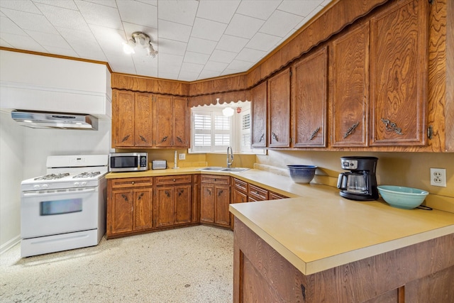 kitchen with ventilation hood, stainless steel microwave, white gas range, and brown cabinets