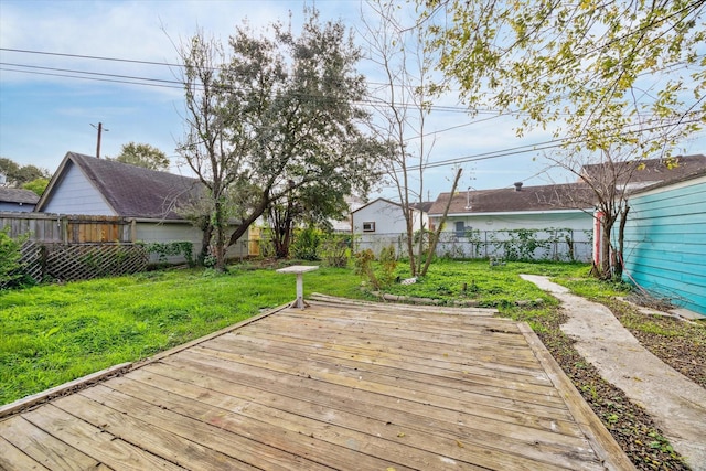 deck featuring a fenced backyard and a lawn