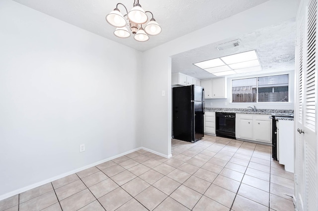 kitchen with visible vents, white cabinets, a sink, a chandelier, and black appliances