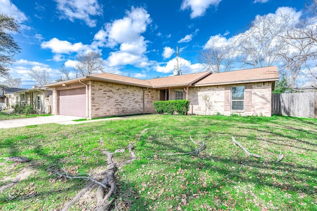 ranch-style home with an attached garage, brick siding, fence, concrete driveway, and a front lawn