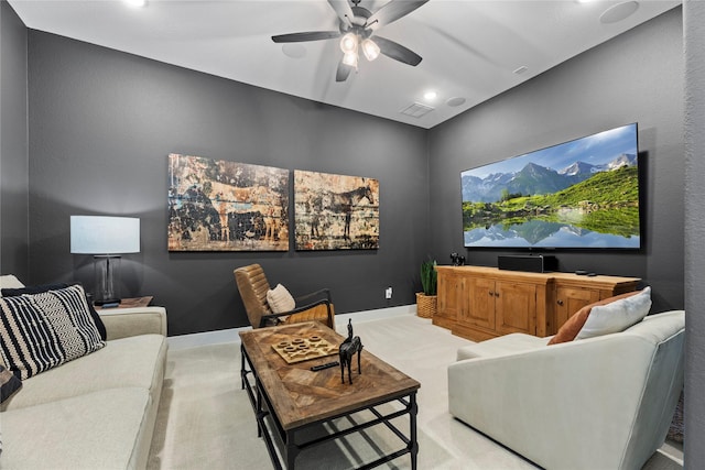 cinema featuring visible vents, baseboards, light colored carpet, ceiling fan, and recessed lighting