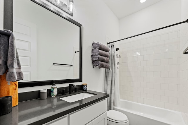 full bathroom with toilet, shower / tub combo with curtain, and vanity