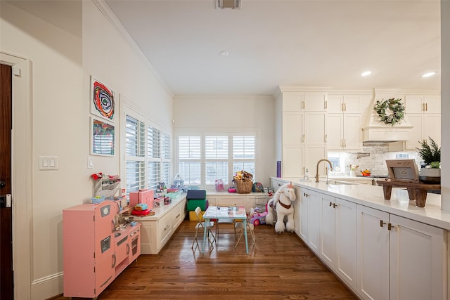 kitchen featuring wood finished floors, decorative backsplash, light countertops, white cabinetry, and crown molding