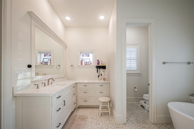 bathroom with a healthy amount of sunlight, vanity, toilet, and a freestanding tub