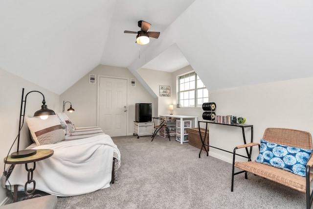 bedroom with lofted ceiling, carpet floors, visible vents, and a ceiling fan