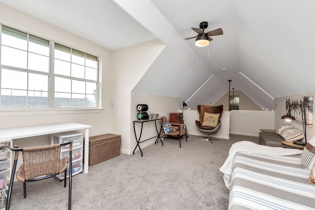 bedroom featuring carpet floors, baseboards, a ceiling fan, and lofted ceiling