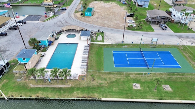 bird's eye view with a water view