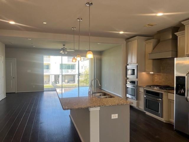 kitchen with premium range hood, a sink, appliances with stainless steel finishes, backsplash, and dark wood-style floors