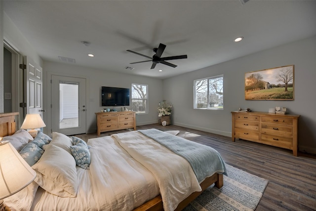 bedroom with recessed lighting, wood finished floors, a ceiling fan, baseboards, and visible vents