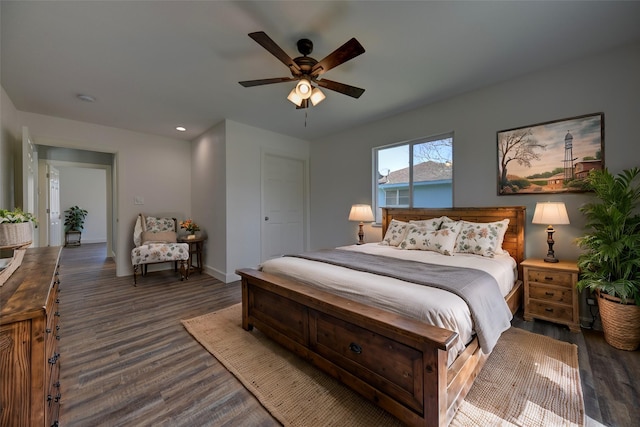 bedroom with a ceiling fan, recessed lighting, baseboards, and wood finished floors