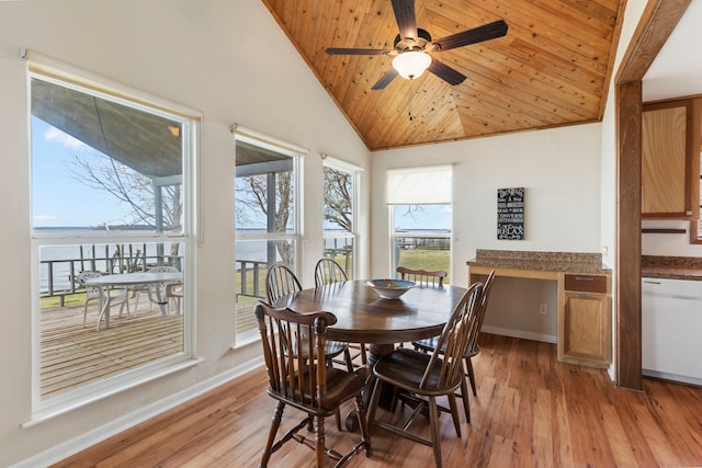 dining space with built in desk, lofted ceiling, light wood-style flooring, and baseboards