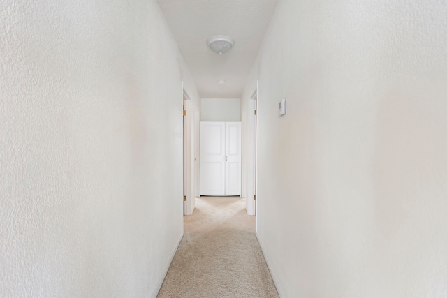 hallway with light colored carpet