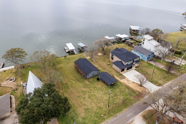 drone / aerial view with a water view