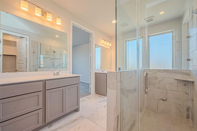 4046 Colony Ln, Missouri City, TX 77459 - full bathroom featuring visible vents, vanity, marble finish floor, recessed lighting, and a shower stall