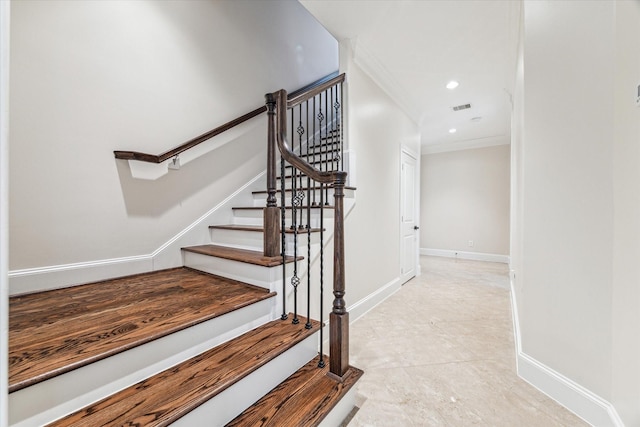 stairway with crown molding, recessed lighting, baseboards, and visible vents