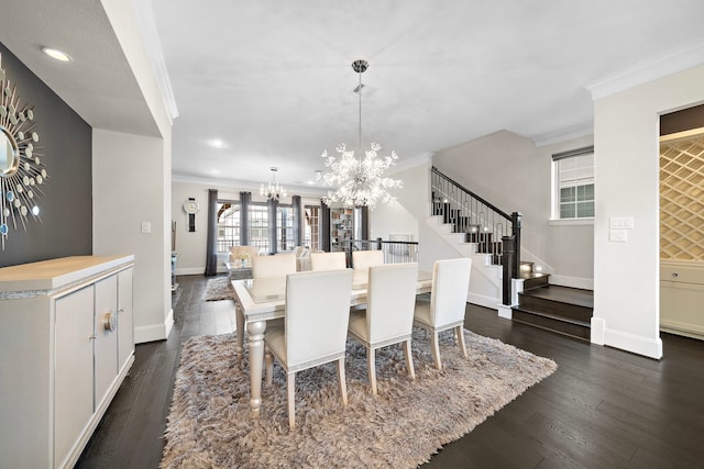 dining space featuring a notable chandelier, baseboards, ornamental molding, stairway, and dark wood finished floors