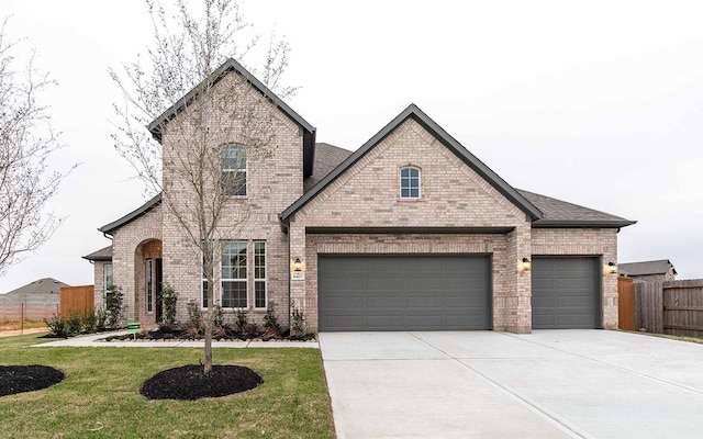 french country home with brick siding, concrete driveway, roof with shingles, fence, and a front yard