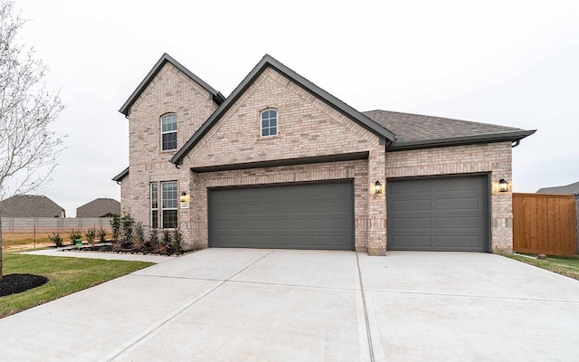 view of front of house with an attached garage, brick siding, a shingled roof, fence, and driveway