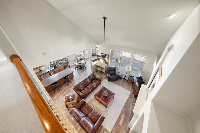 living room featuring lofted ceiling, ceiling fan, and wood finished floors