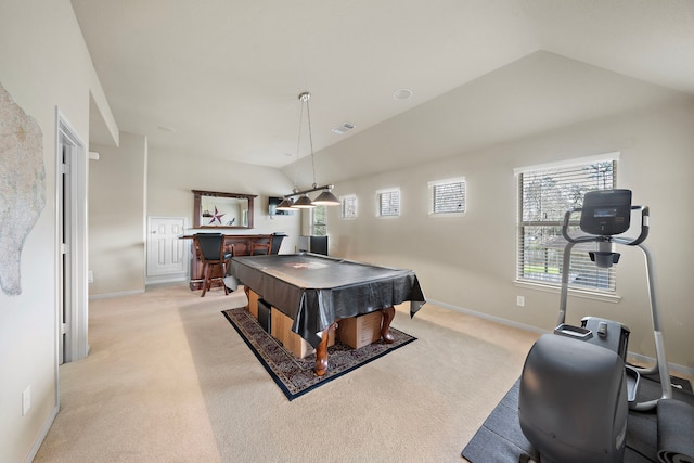 playroom featuring lofted ceiling, pool table, light colored carpet, visible vents, and a bar