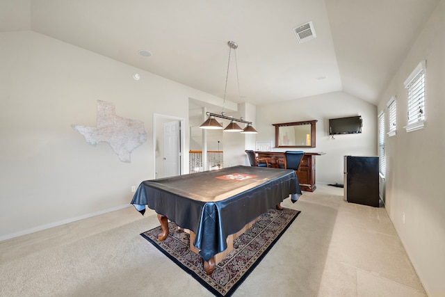 playroom featuring pool table, bar area, light colored carpet, and vaulted ceiling