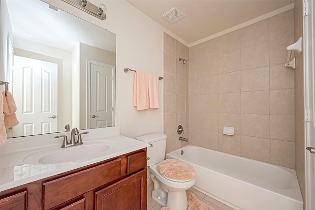 full bath with bathtub / shower combination, visible vents, vanity, and toilet