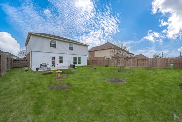 rear view of property with central AC unit, a lawn, a patio area, and a fenced backyard