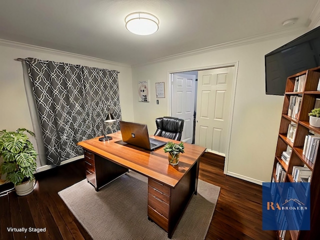 office with baseboards, dark wood-style floors, and crown molding