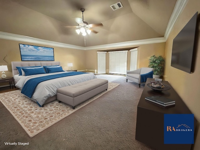 bedroom featuring visible vents, carpet, lofted ceiling, and ornamental molding