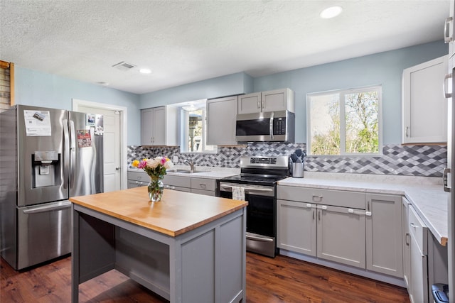 kitchen featuring stainless steel appliances, butcher block countertops, a sink, visible vents, and gray cabinets