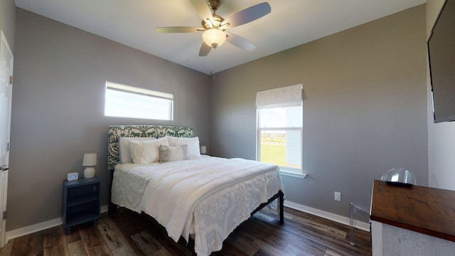 bedroom featuring dark wood-type flooring, multiple windows, and baseboards