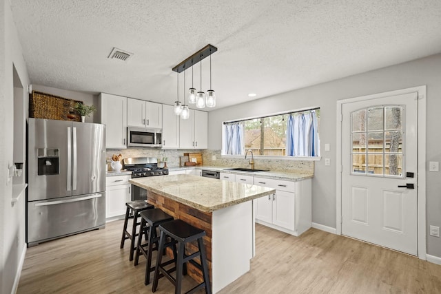 kitchen with a sink, white cabinetry, visible vents, appliances with stainless steel finishes, and decorative backsplash