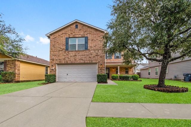 traditional-style house featuring concrete driveway, brick siding, a front lawn, and an attached garage