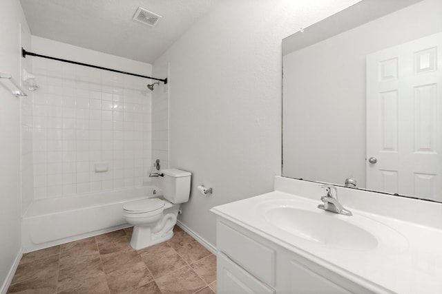 full bath featuring baseboards, visible vents, toilet, bathtub / shower combination, and vanity