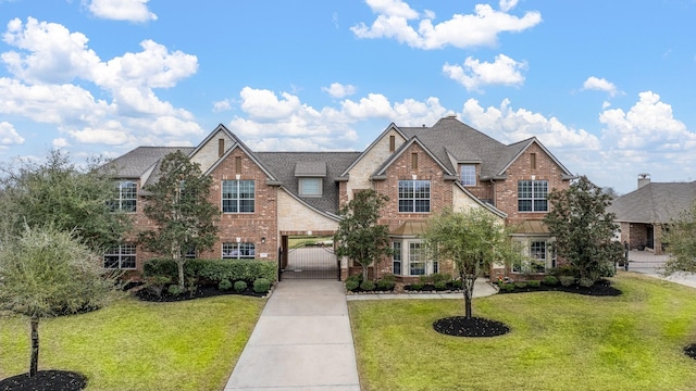 view of front facade with roof with shingles, a front lawn, concrete driveway, and brick siding