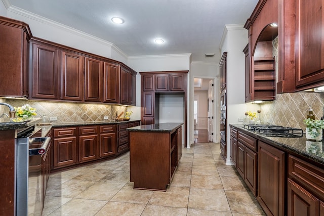 kitchen with decorative backsplash, dark stone counters, stainless steel appliances, crown molding, and light tile patterned flooring