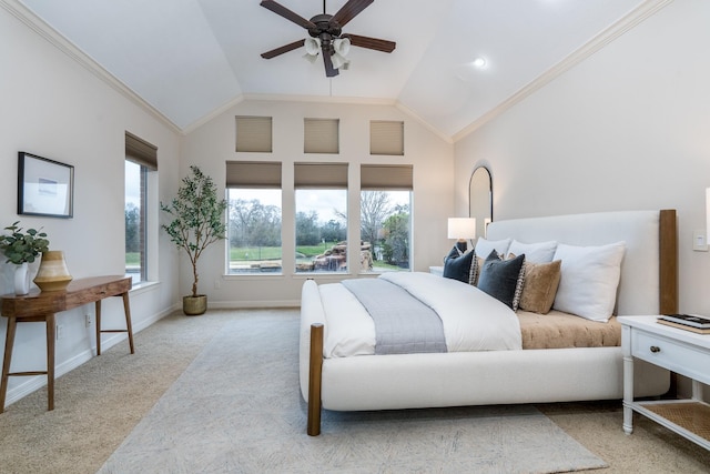 20803 Fairhaven Crossing Dr, Cypress, TX 77433 - carpeted bedroom featuring vaulted ceiling, crown molding, baseboards, and a ceiling fan